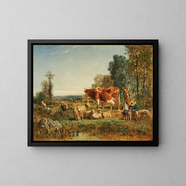 van jonge herders met hun vee - Constant Troyon — ingelijst kunstwerk aan de muur