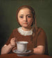 Portret van een klein meisje Elise Købke met een kopje voor haar - Constantin Hansen — weergave van het kunstwerk