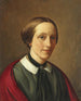 Portret van Michala Ingerslev f. Aagaard d'Iselingen in een zwarte jurk en rode sjaal - Constantin Hansen — weergave van het kunstwerk