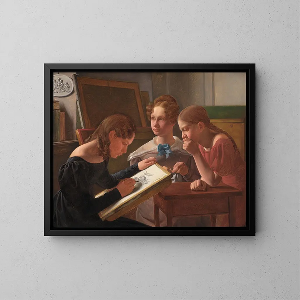 Drie jonge meisjes, de zusters kunstenaars Alvilde, Ida en Henriette - Constantin Hansen — ingelijst kunstwerk aan de muur