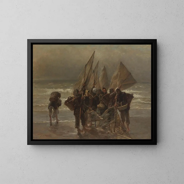 Vrouw met garnalenvangst in Mariakerke - Constantin Meunier — ingelijst kunstwerk aan de muur
