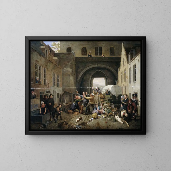 Een botsing bij de deur van Hal in Brussel - Constantinus Fidelio Coene — ingelijst kunstwerk aan de muur