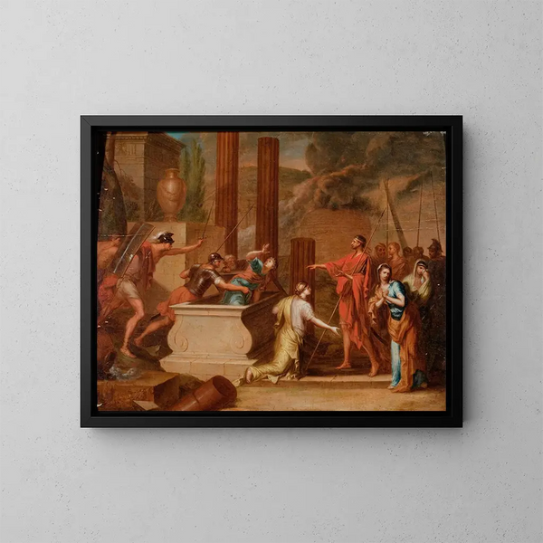 van een mythologisch tafereel van een graf in een landschap met klassieke ruïnes - Continentale School — ingelijst kunstwerk aan de muur