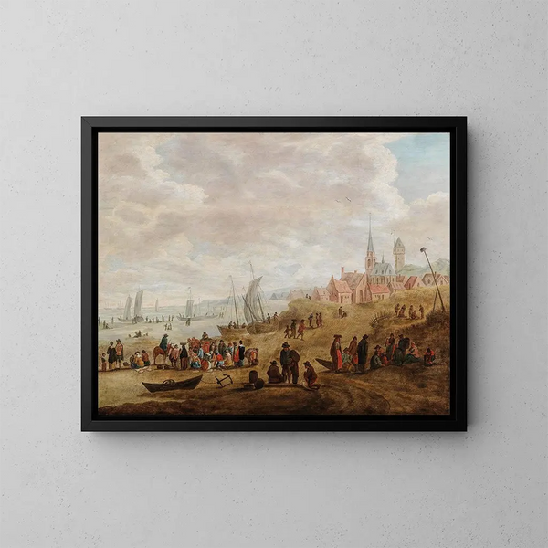 Een kustlandschap met veel figuren - Cornelis Beelt — ingelijst kunstwerk aan de muur
