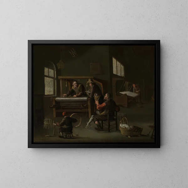 Binnenkant van een weverijatelier - Cornelis Beelt — ingelijst kunstwerk aan de muur