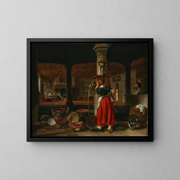 Een dienstmeid die water pompt in een keukenscène - Cornelis Bisschop — ingelijst kunstwerk aan de muur