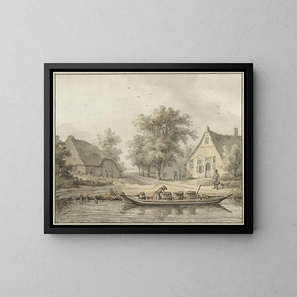 Landschapschilderij met een aangelegde boot en vaten - Cornelis Buys — ingelijst kunstwerk aan de muur