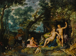 Cornelis Cornelisz Van Haarlem - Venus and Adonis resting in an extensive landscape with Cupid and hunting dogs and their quarries.webp