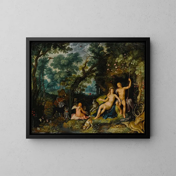 Vénus en Adonis rustend in een uitgestrekt landschap met Cupido, jachthonden en hun prooien - Cornelis Cornelisz van Haarlem — ingelijst kunstwerk aan de muur