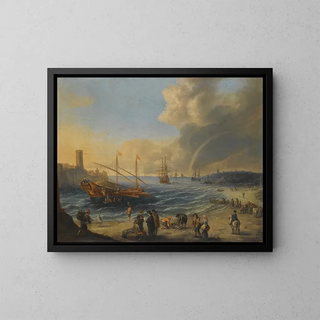 Cornelis De Wael - A Mediterranean Harbour Scene With An Ottoman Barge And Other Boats Figures On The Beach A Rainbow In The Distance.webp