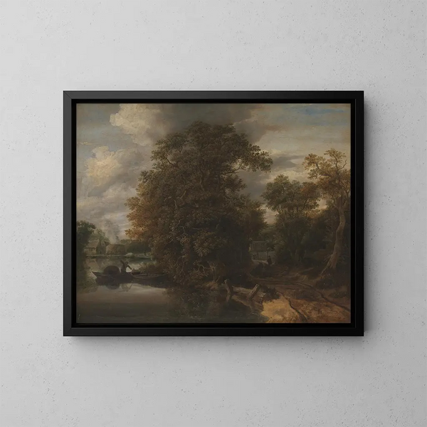 Landschapschilderij aan de rand van een rivier met een kalkoven op de achtergrond - Cornelis Gerritsz Decker — ingelijst kunstwerk aan de muur