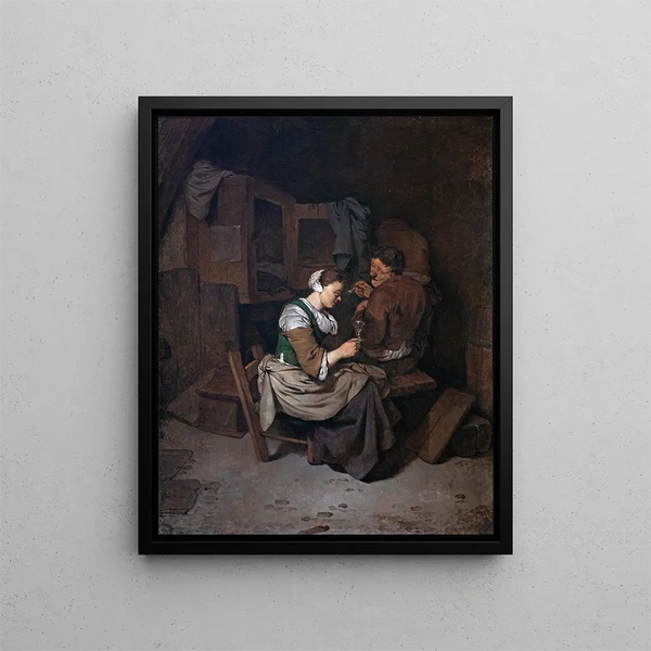 Cornelis Pietersz Bega - Woman with wineglass and two male peasants.webp