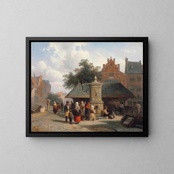 bij de put op een stadsplein in een Nederlandse stad - Cornelis Springer — ingelijst kunstwerk aan de muur