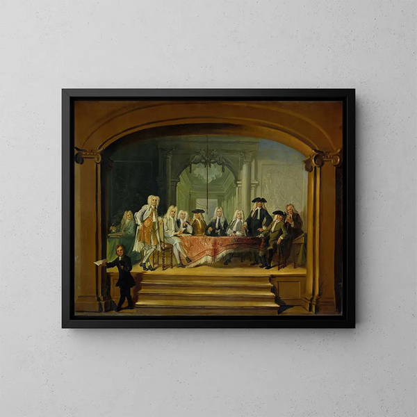 De regenten van het weeshuis Aalmoezeniersweeshuis in Amsterdam 1729 - Cornelis Troost — ingelijst kunstwerk aan de muur