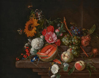 Cornelis de Heem - A melon peaches grapes medlars sunflowers roses peonies and other flowers with butterflies and other insects on a stone ledge.webp