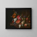 van een schilderij met een meloen, perziken, druiven, neflen, zonnebloemen, rozen, pioenen en andere bloemen met vlinders en andere insecten op een stenen rand - Cornelis de Heem — ingelijst kunstwerk aan de muur