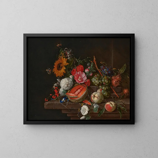 Cornelis de Heem - A melon peaches grapes medlars sunflowers roses peonies and other flowers with butterflies and other insects on a stone ledge.webp