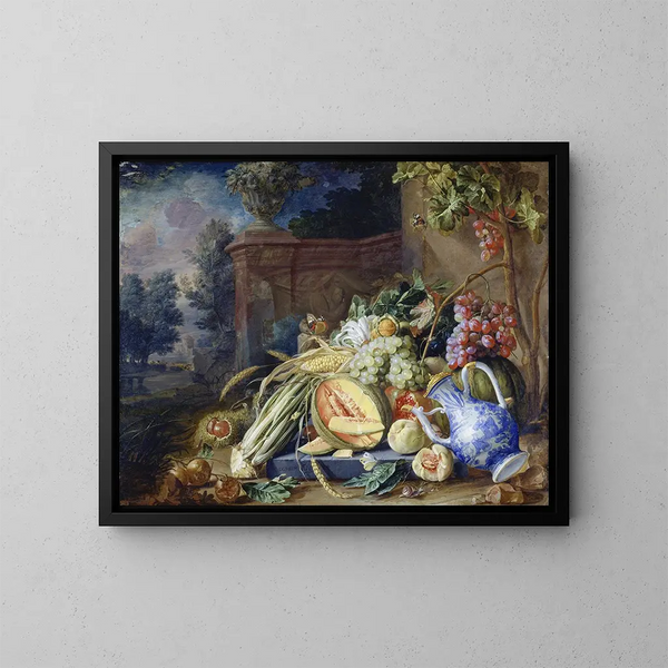 Natuurstudie met groenten en fruit voor een tuinbalustrade - Cornelis de Heem — ingelijst kunstwerk aan de muur