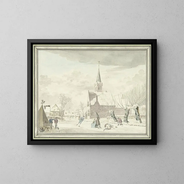 Vermaak op het ijs in het dorp Kortenhoef - Cornelis van Noorde — ingelijst kunstwerk aan de muur