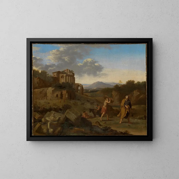 Landschap van Italiaanse bergen met Abraham en Isaac op weg naar het offer - Cornelis van Poelenburg — ingelijst kunstwerk aan de muur