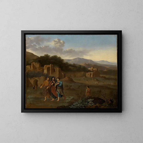 Berglandschap van Italië met Christus en de twee discipelen op weg naar Emmaüs - Cornelis van Poelenburg — ingelijst kunstwerk aan de muur