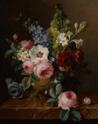 Cornelis van Spaendonck - Still life of flowers in a vase on a marble ledge including roses hibiscus bellflowers hollyhocks and anenomes.webp