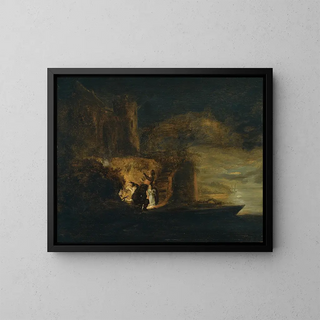 Cornelis van der Schalcke - Figures Around A Fire On A River Bank Beneath A City Fortification At Night.webp
