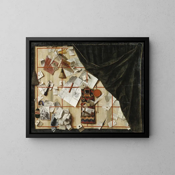 van een trompe-l'œil schilderij van een brievenbus met de proclamatie van Christian V - Cornelius Norbertus Gijsbrechts — ingelijst kunstwerk aan de muur