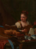 van een meisje dat mandora speelt met een luit, een viool, een blokfluit, boeken en blauwe en witte porselein op een tafel - Cristoforo Munari — weergave van het kunstwerk