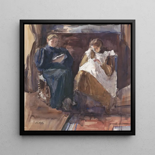 Dame lisant et fille brodant vue de face dans la maison au 6 Riouwstraat à La Haye - Barbara Elisabeth van Houten