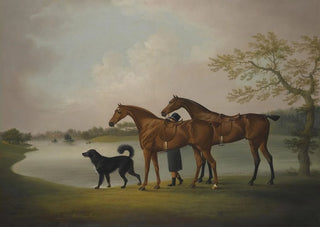 Daniel Clowes - A Pair Of Hunters Held By A Groom With A Newfoundland Dog By A Lake.webp