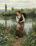 Een vrouw met een mand - Daniel Ridgway Knight — weergave van het kunstwerk