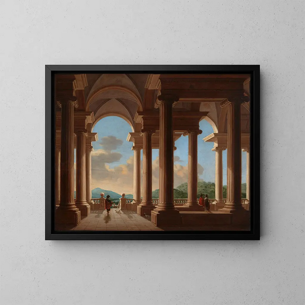 terras met zuil, architectuurstudie - Daniël de Blieck — ingelijst kunstwerk aan de muur