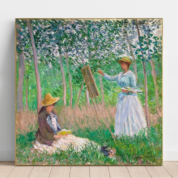 In de bossen van Giverny: Blanche Hoschede aan haar ezel met Suzanne Hoschede die leest - Claude Monet