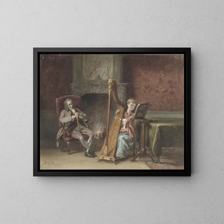 David Bles - Interieur met meisje dat harp speelt en een heer in een stoel die toekijkt.webp