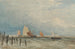 Nederlandse visboten op zee met de Grote Kerk van Dordrecht op de achtergrond - David Cox — weergave van het kunstwerk