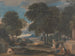 Landschapsschilderij met een man die zijn voeten wast bij een fontein naar Poussin - David Cox — weergave van het kunstwerk