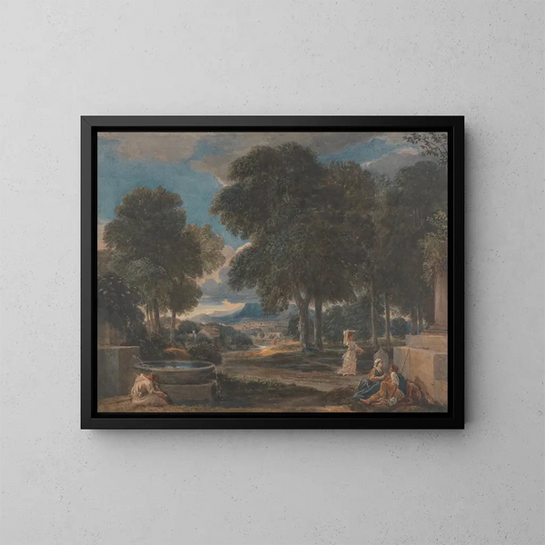 Landschapsschilderij met een man die zijn voeten wast bij een fontein naar Poussin - David Cox — ingelijst kunstwerk aan de muur