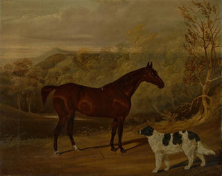 David Dalby Of York - A dark bay hunter and a standing spaniel in the park at Harewood.webp