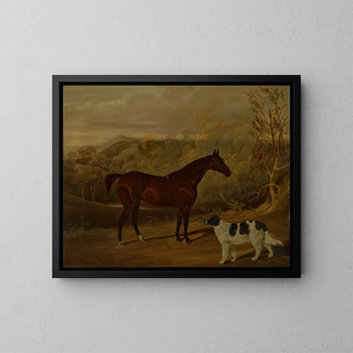 David Dalby Of York - A dark bay hunter and a standing spaniel in the park at Harewood.webp