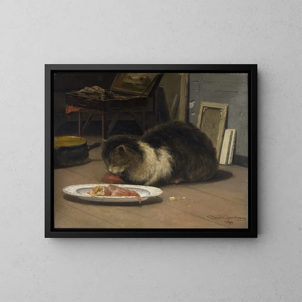 De kat in de werkplaats - David Jacobsen — ingelijst kunstwerk aan de muur