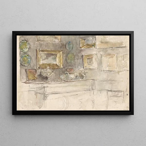 David Oyens - Hoek van een kamer met schilderijen aan de muur.webp