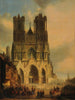 De gevel van de kathedraal van Reims met een middeleeuws gezelschap en een processie op de voorgrond - David Roberts — weergave van het kunstwerk
