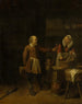 Een slager die een glas bier aan een vrouw aanbiedt - David Ryckaert III — weergave van het kunstwerk