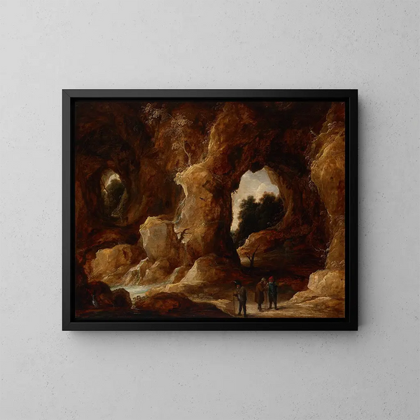 van een grot met figuren, een hert en een ooievaar - David Teniers de Jonge — ingelijst kunstwerk aan de muur