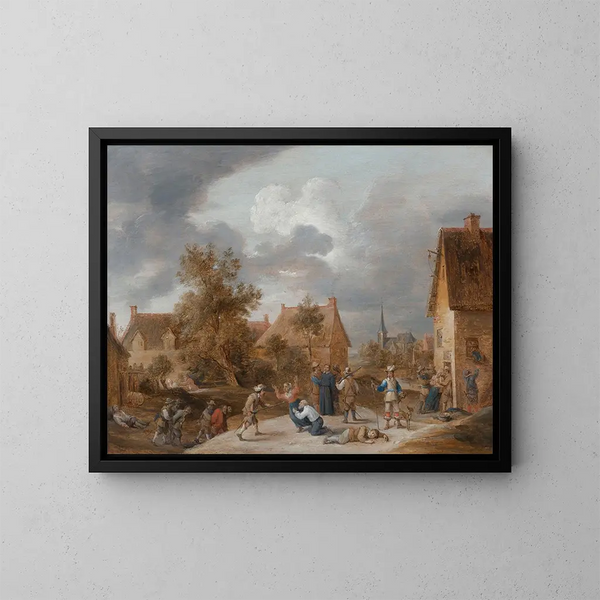 van soldaten die een dorp plunderen - David Teniers de Jonge — ingelijst kunstwerk aan de muur
