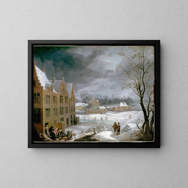 Winter scène met een man die een varken doodt - David Teniers de Jonge — ingelijst kunstwerk aan de muur