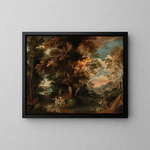 Een bebost landschap met reizigers - David Vinckboons — ingelijst kunstwerk aan de muur