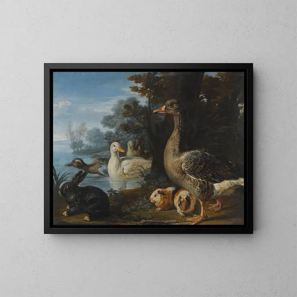 van een haan, kippen, duiven en een papegaai in een formele tuin - David de Coninck — ingelijst kunstwerk aan de muur