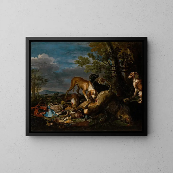 Jachtstilleven met honden - David de Coninck — ingelijst kunstwerk aan de muur